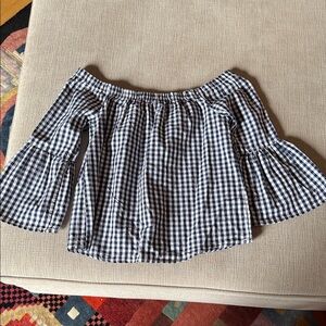Navy Blue and White Gingham Off-Shoulder Top
